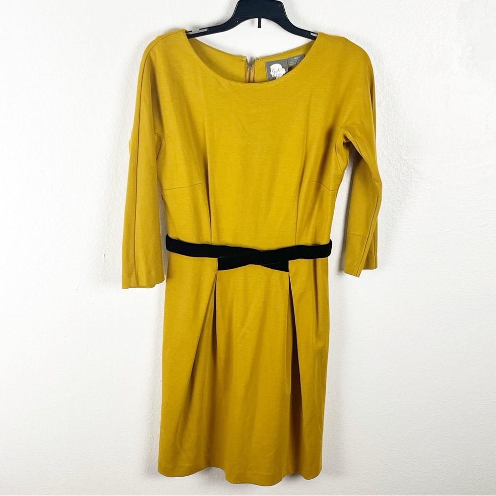 ANTHROPOLOGIE Girls From Savoy Mustard Yellow Brown Velvet Waist Detail Dress XS